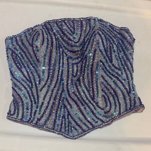 Sequin Embellished Blue Strapless Top
